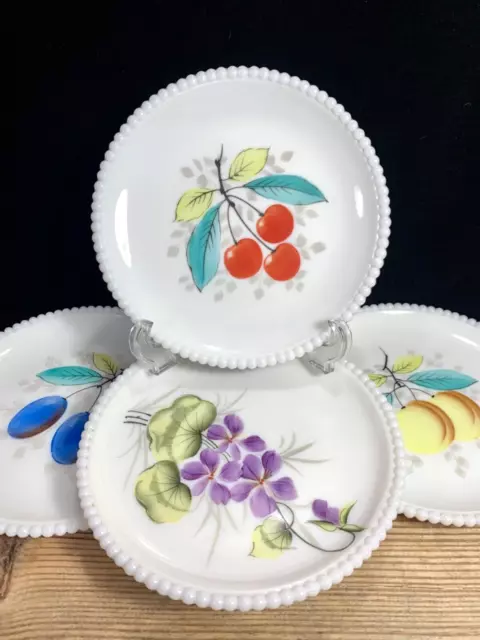 4 Vintage Westmoreland Beaded Edge Milk Glass Fruit Flower Design 7.5” Plates