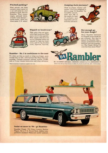 1964 AMC Rambler Classic 770 Cross Crountry Station Wagon V-8 Surfboard Print Ad