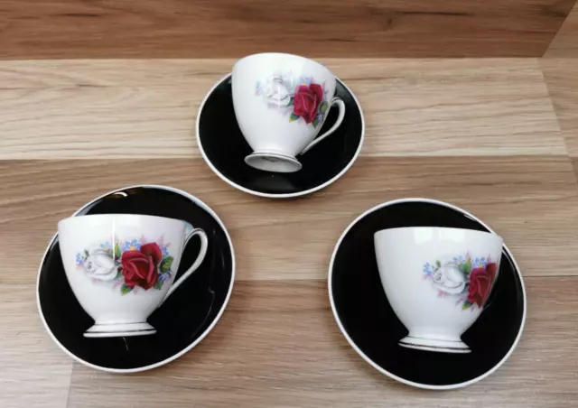 3 x Vintage Queen Anne Bone China Rose Pattern Coffee Cups Saucers