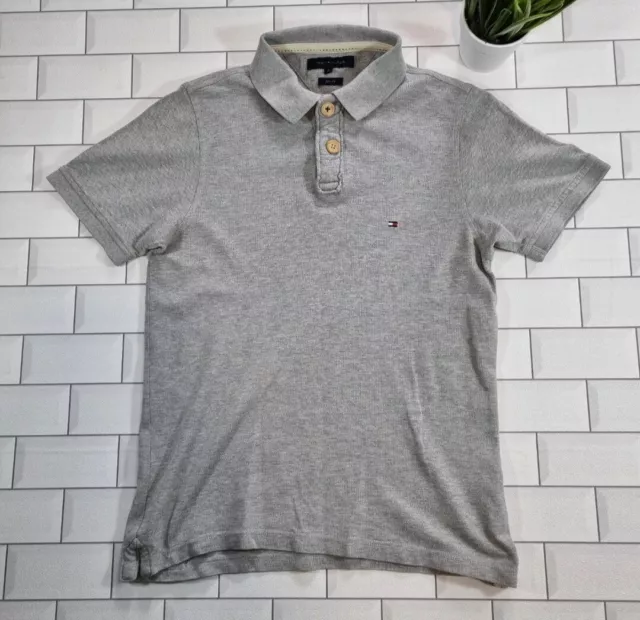 Genuine Tommy Hilfiger Mens Grey Polo Shirt Slim Fit Size Small, Wooden Buttons