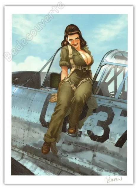 Affiche Romain Hugault Pin-up Avion Angel Wings La pilote sexy Signée 30x40 cm