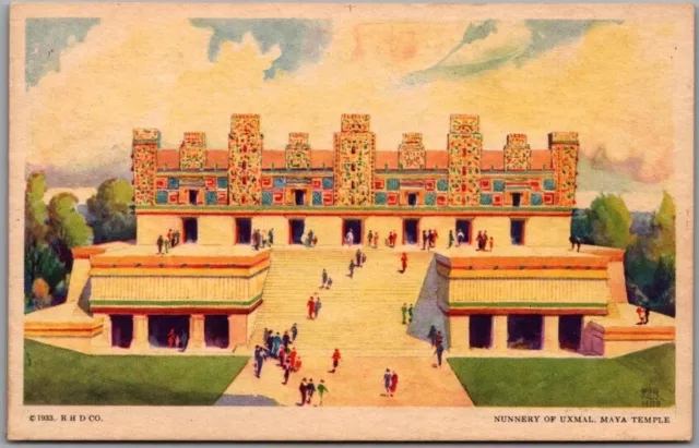 1933 Chicago World's Fair Postcard "Nunnery of Uxmal, MAYA TEMPLE" Artist-Signed