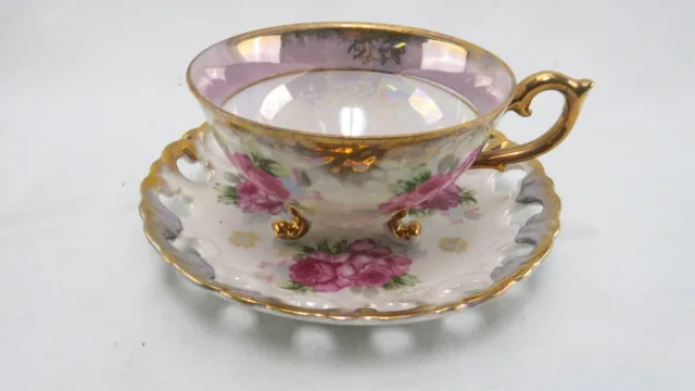 Juego de 3 patas de taza de té y platillo reticulado rosa iridiscente vintage Japón