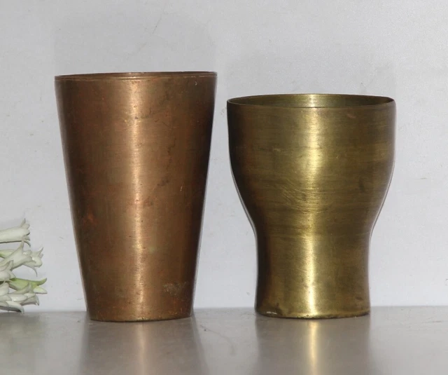 Antique Handcrafted Solid Plain 2PC Brass Drinking Water/Milk Glass Cup 7350_73