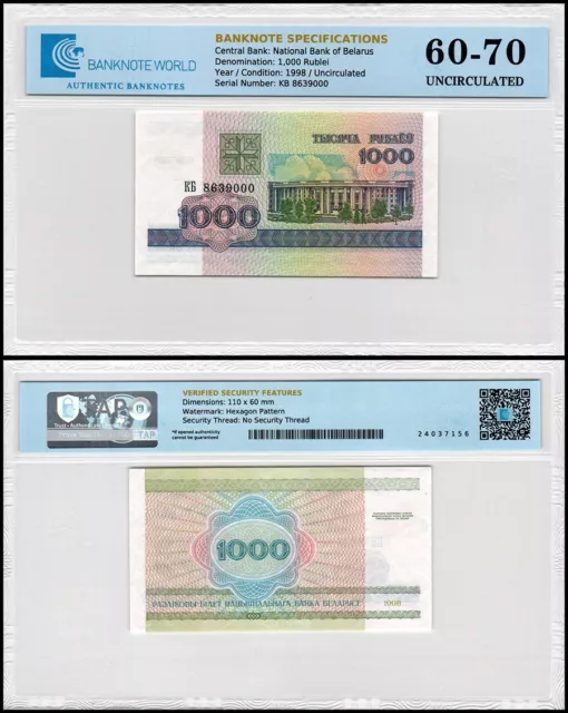 Belarus 1000 Rublei, 1998, P-16a.1, UNC, Authenticated Banknote