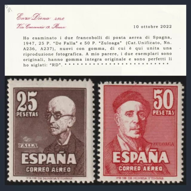 1947 Spagna Posta Aerea Falla e Zuloaga A 236/237 Certificato Diena MNH España
