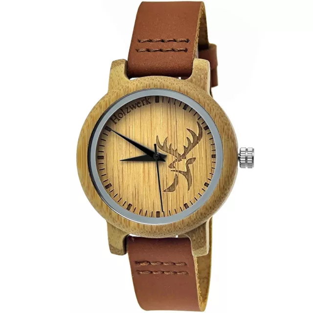 Holzwerk GERA kleine Damen Leder & Holz Uhr mit Hirsch Logo in braun, beige