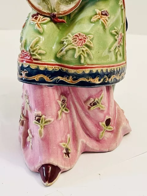 VTG 10" Chinese Wucai Porcelain Pottery Shi Wan Lady Woman Holding Fan Figurine 3