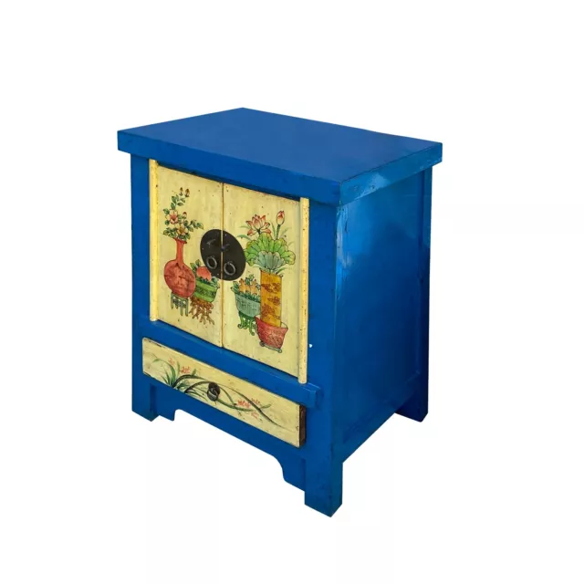 Chinese Rustic Bright Blue Yellow Graphic End Table Nightstand cs7421 3