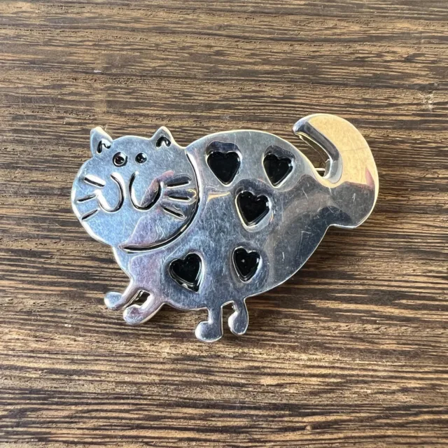 Silver Tone Cat With Heart Pin Brooch
