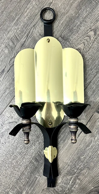 Vtg Wrought Iron & Wood Candle Holder Wall Sconce w/ Metal Brass Reflector MCM