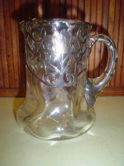 ANTIQUE ART NOUVEAU ALVIN ? CRYSTAL TULIP PITCHER 999 FINE SILVER OVERLAY no s&h