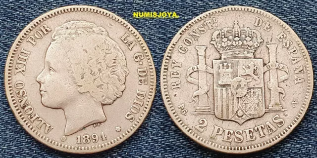 Moneda de 2 pesetas Plata Alfonso XIII año 1894*189-. RARA. Peso 9,79 gr.