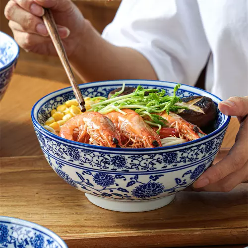 Ceramic Bowl Korean Blue and White Porcelain Large Noodle Bowl Retro Soup Bowl