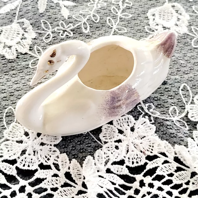 Vintage White Swan Figurine Purple Gold Hand Painted Details Ceramic Pottery...