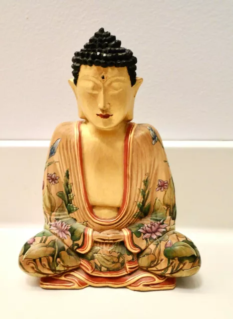 Carved Wood ~Fabulous Hand Painted Flowers~ GOLD BUDDHA SCULPTURE 8 1/2" Tall