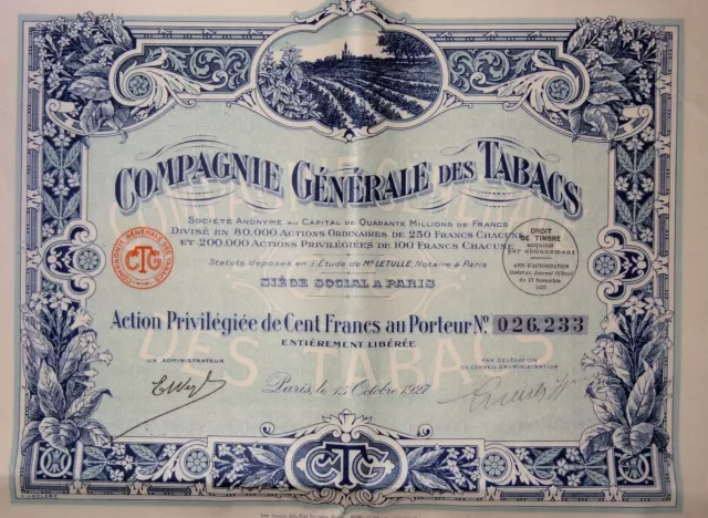 Compagnie Générale des Tabacs Action Privilégiée 100 Francs 1927