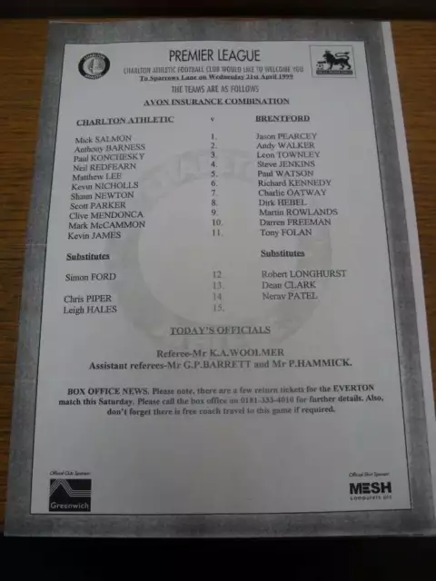 21/04/1999 Teamsheet: Charlton Athletic v Brentford (folded)