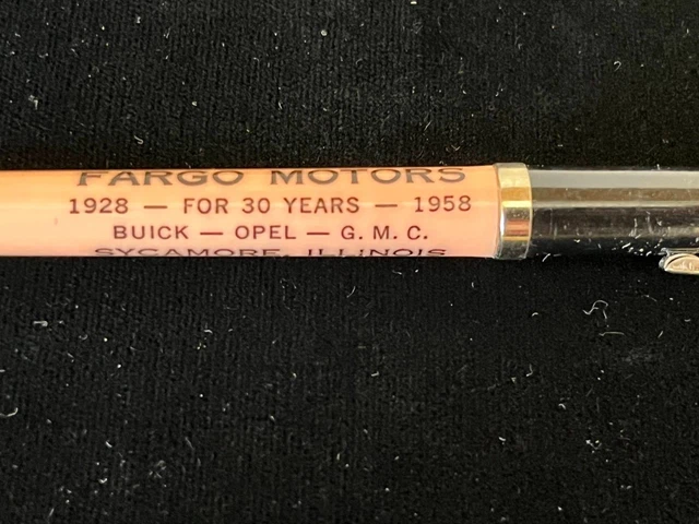 Vintage 1958 FARGO MOTORS Ink Pen BUICK OPEL GMC Sycamore, Illinois PINK/BROWN
