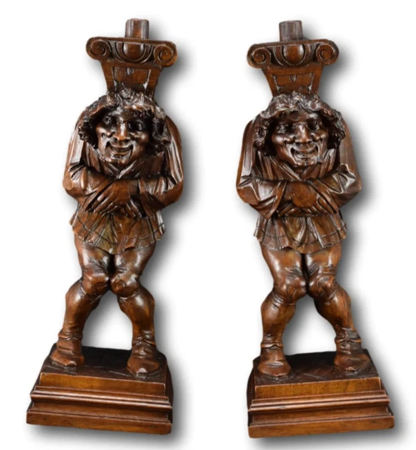Antique French Architectural Carved Figural Court Jester Supports Posts Pillars