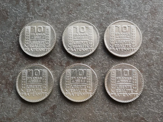 Lot de 6 pièces de 10 Francs Turin en argent