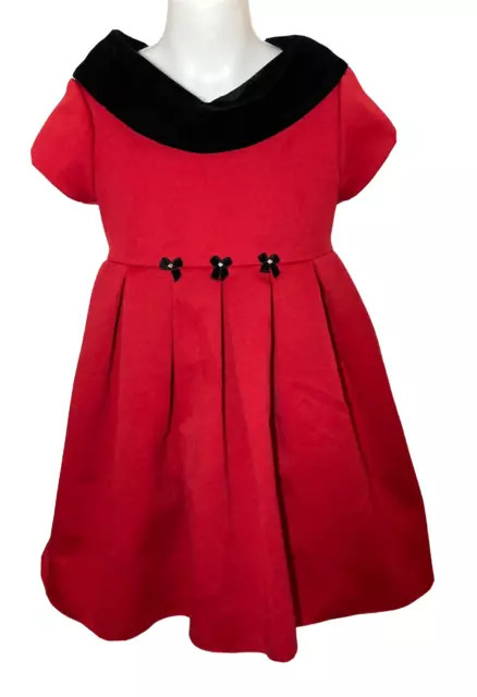 Sugar Plum Girls Size 5 S/S Holiday Dress  Red With Black Velvet Collar Tie Back