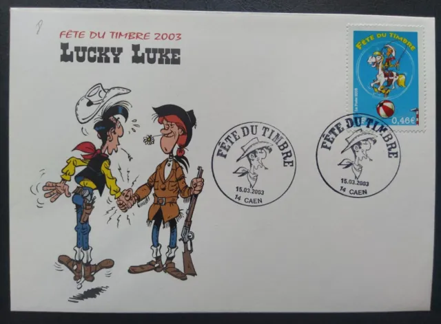 Enveloppe Premier Jour Bloc N° 3546 Fête Du Timbre 2003 Lucky Luke Oblitéré Caen