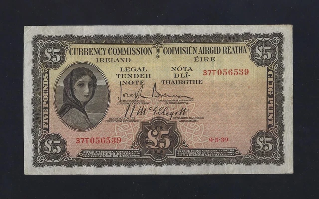 Ireland Republic Eire 5 Pounds 1939 P-3B VF+ RARE