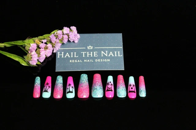 Tropical Press on nails - hand painted - various shapes and extra wide