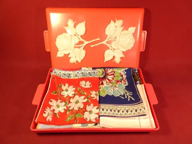 VINTAGE 1950s MAX FACTOR DRESSER VANITY BOX WITH ROSES 11 HANKIES 5 SCARVES