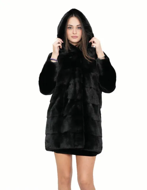 Nero 46 cappotto lungo 94 cm pelliccia di visone con lavorazione orizzontale a p