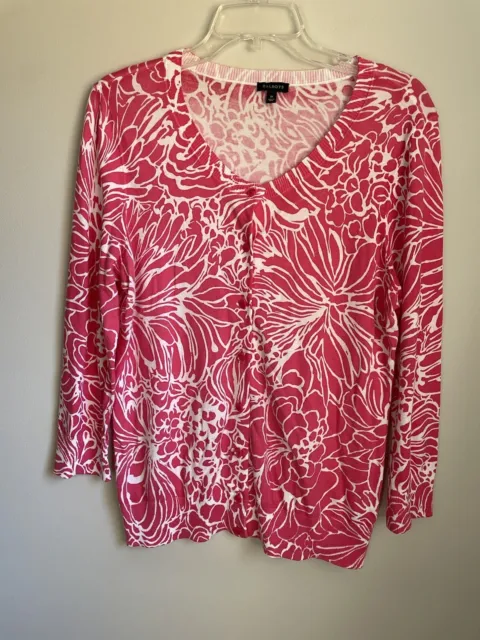 Womens Talbots Medium Hot Pink And White Floral 3/4 Sleeve Cardigan Sweater
