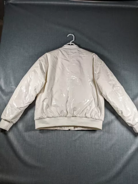 Forever 21 Bomber Jacket Women's Large White Faux Patent Leather Long Sleeve 2