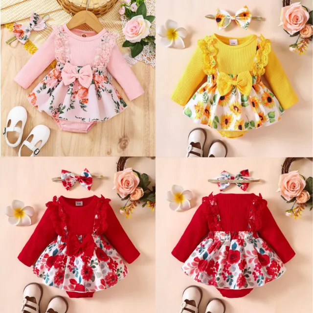 2Pcs Infant Baby Girl Photography Outfits Floral Print Romper Dress+Headband Set