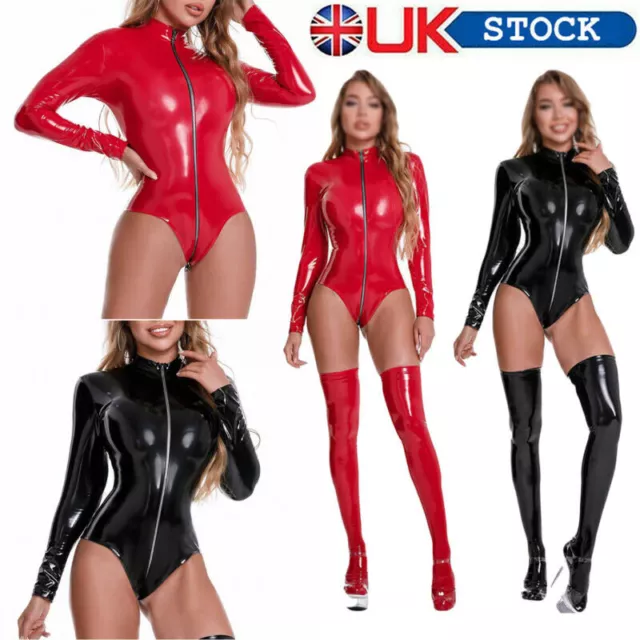 UK Womens PVC Bodysuit Wet Look Jumpsuit Zipper Crotch Lingerie Rompers Playsuit