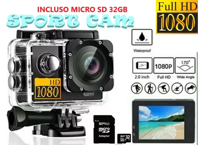 Sport Go Action Cam Videocamera Micro Sd 32 Gb Telecamera Hd1080P Subaquea 30Mt