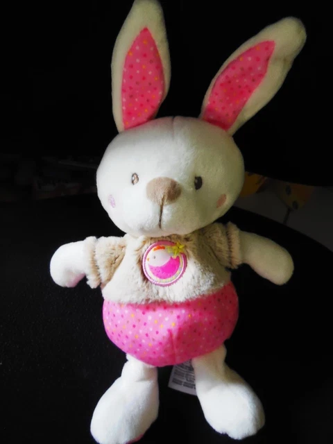 doudou peluche lapin blanc beige chiné rose brodé poule oiseau MOTS D'ENFANTS