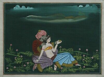Indian Miniature Painting Of A Man & Women in Love Scene Art On Cloth 22x16.5"