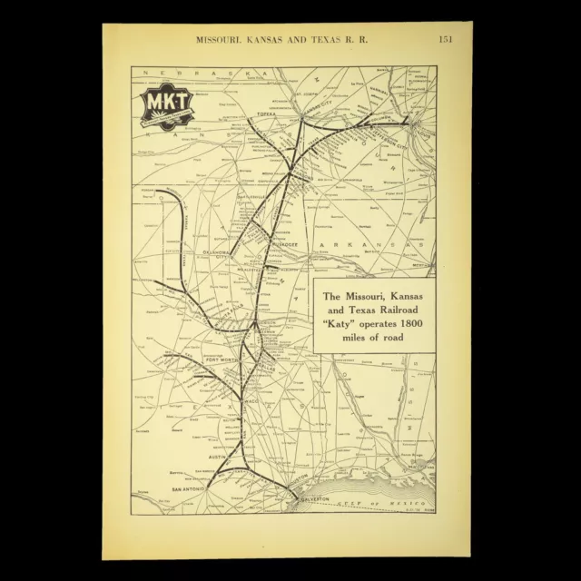 Vintage MKT Railway Map MISSOURI KANSAS TEXAS Railroad Lines ca 1925 Antique