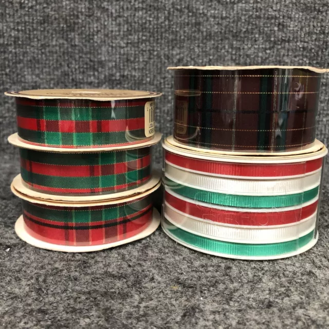 Lote de 5 carretes de cinta artesanal vintage (1) 1 7/8"" (3) 7/8"" y 198"" de rizado