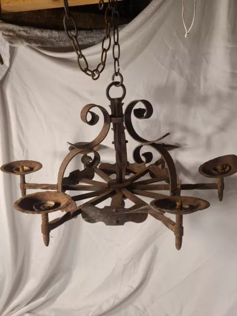 Antique Chandelier - Hand Forged Wrought Iron 24 X 14 inches Hammered rivets