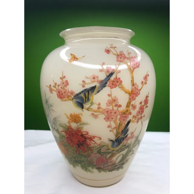 Vintage Almond Glass Vase Hand painted with Gorgeous Birds and  floral scene Bea