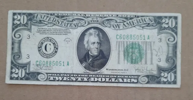 1934 C TWENTY Dollar Bill Green Seal Federal Reserve Note $20   FR  23