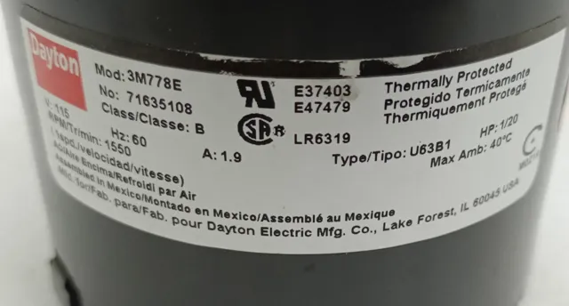 Dayton 3M778E HVAC Motor, Offen Air-Over 1/20 HP 1550 RPM 115V AC 3