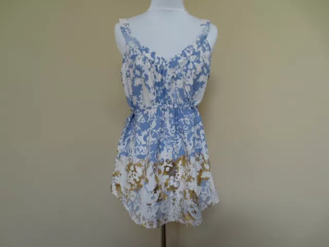 Ecote Empire Sleeveless Blue White Metallic Gold Print Tunic Top Medium