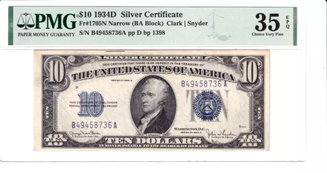 1934-D $10 Silver Certificate BA Block Narrow PMG 35EPQ #B49458736A
