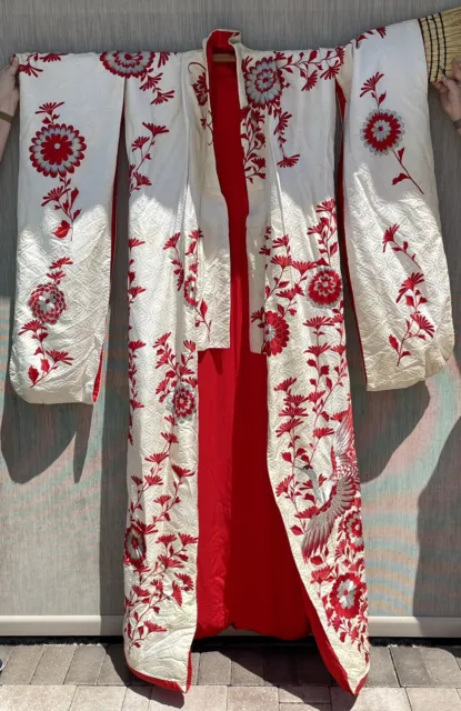 Japanese Kimono Uchikake Wedding Embroidery Pure Silk Crane White, Red, Silver
