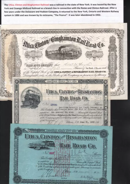 3 Stks Utica, Clinton & Binghamton RR ALL differnt formats 1935, 1939  &1875