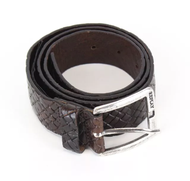 REPLAY 85 CM Men Belt Engraved Aged look Brown Pure Leather Metal Buckle Casual