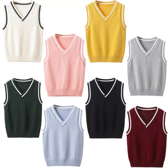 Kids Boys Girl V Neck Knitted Sweater Vest Sleeveless Waistcoat Uniform Knitwear